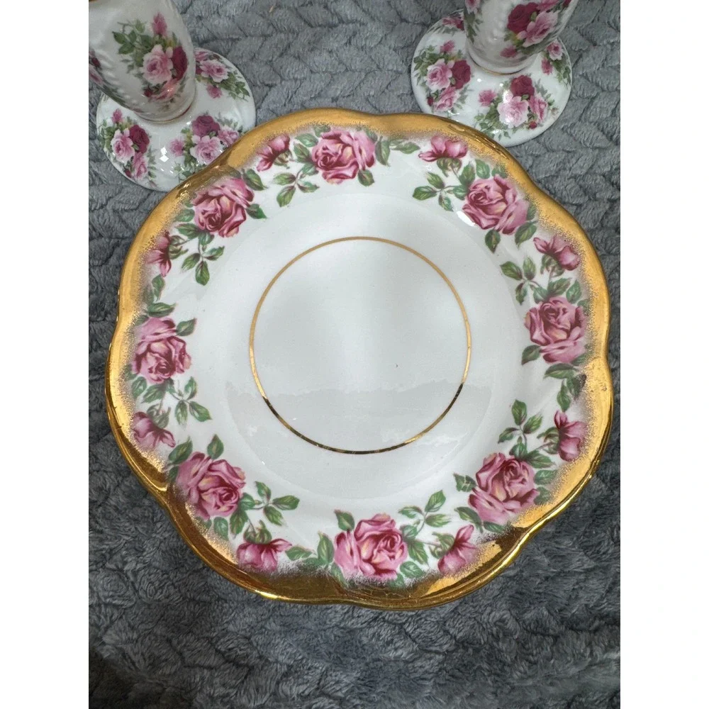 Salisbury Bone China England Pink Rose‎ Candlesticks and Scalloped Dish Set 3pc